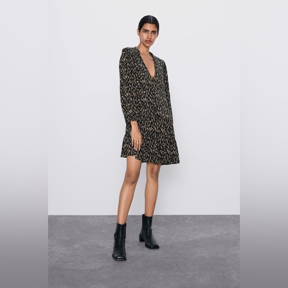 ZARA Claris Leopard Print Black & Tan Swing Mini Dress Size Medium - Picture 1 of 7